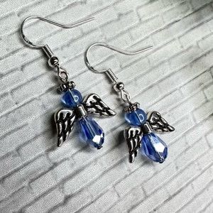 3/$18 Silver Angel Earrings - Periwinkle Blue Faceted Glass Beads